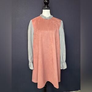 Sister Jane Pink Velvet Ruffle Neck Shift Dress | Size L